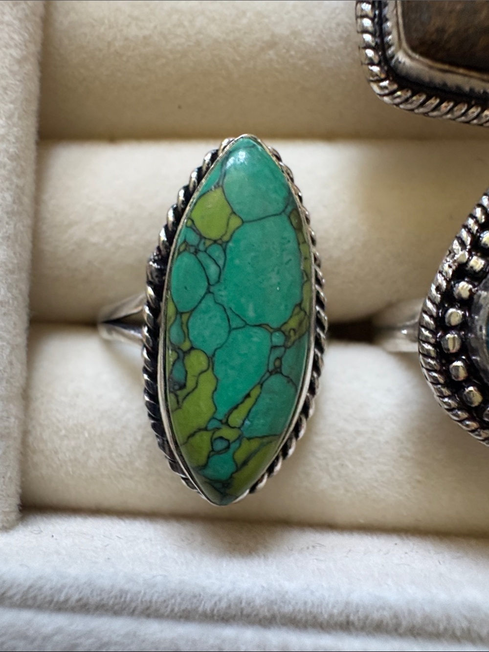 Marquise Statement Ring - Green Blue Stone silver over Copper
